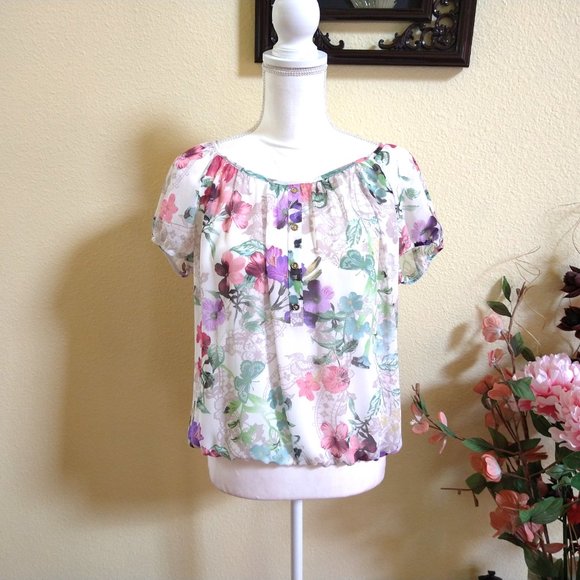 NWOT-BHS White Floral Boho Gypsy Top - Picture 2 of 12